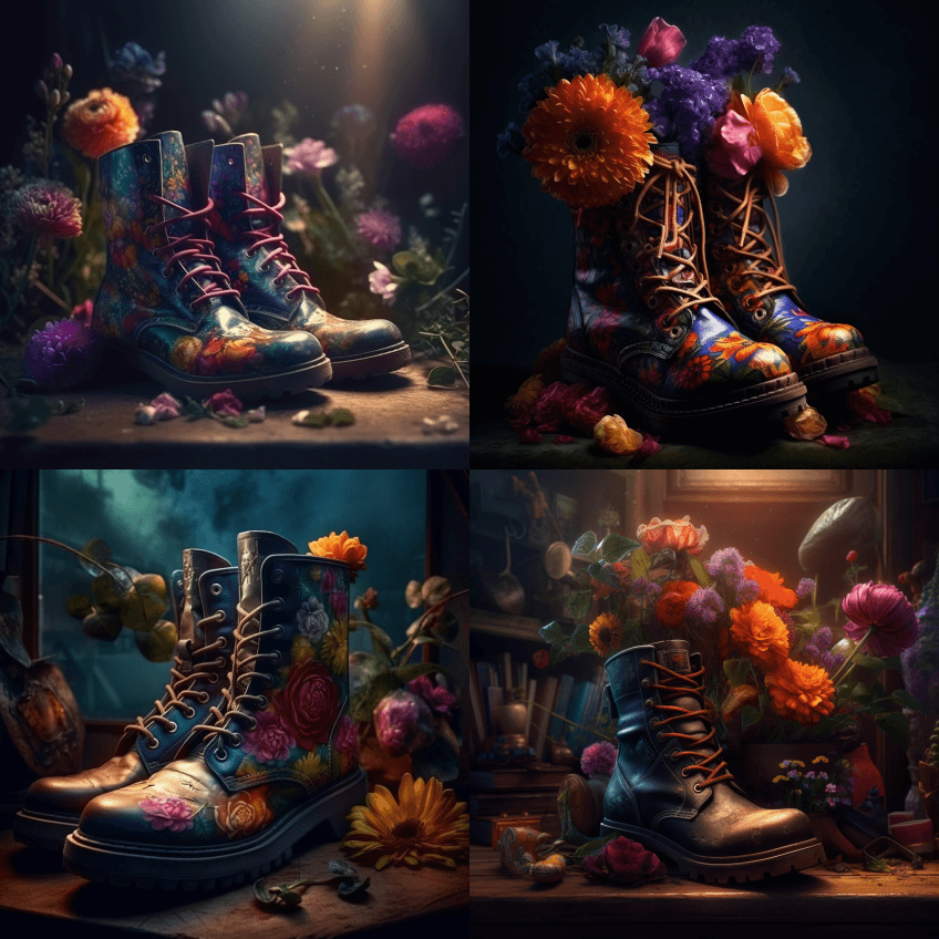 靴子里的鲜花，写实摄影，细节，魔幻光，五 - Midjourney Prompt
