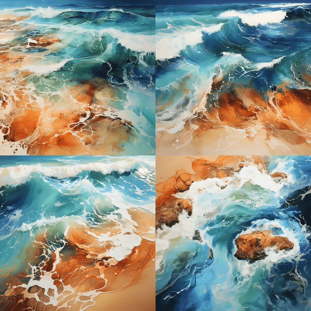 从上到下俯瞰荒无人烟的海滩，压克力倾泻的 - Midjourney Prompt