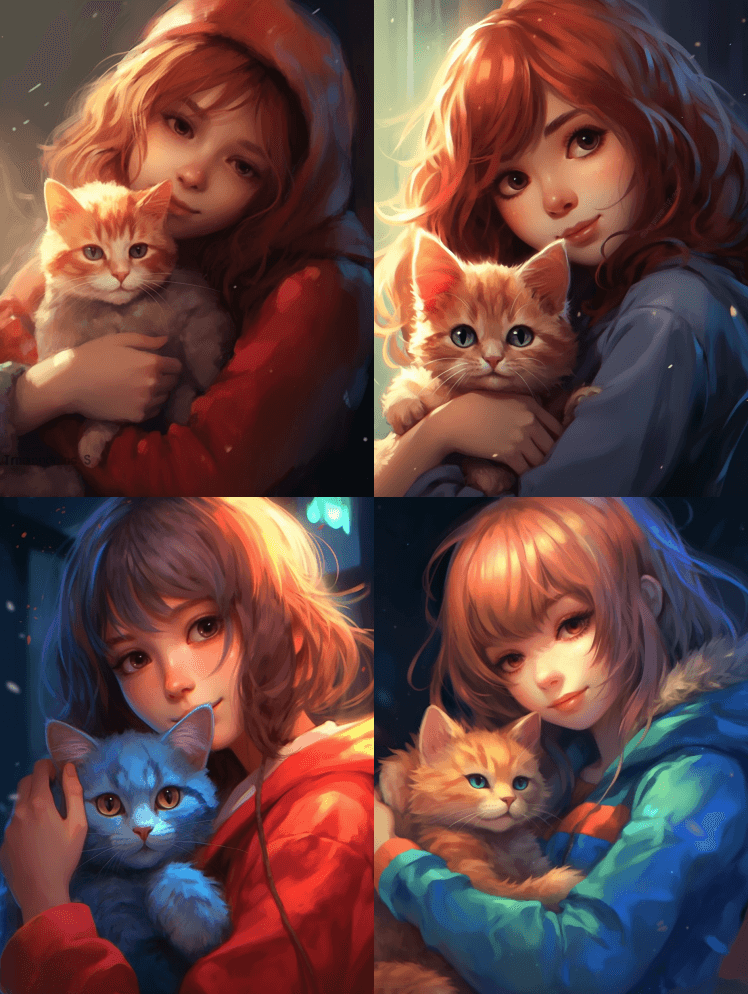 一个美丽的女孩抱着猫，非常CTE卡通插图 - Midjourney Prompt
