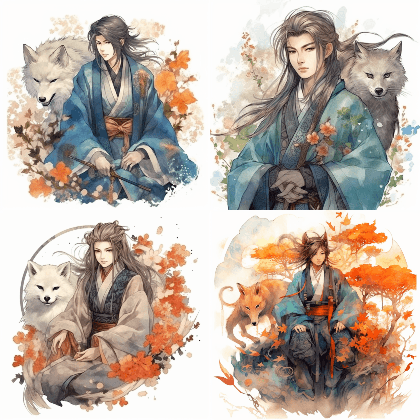 美丽的年轻男性修养者，留着汉服和魔法狐狸 - Midjourney Prompt