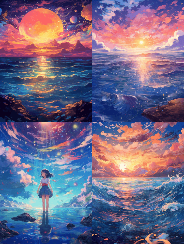这幅图像是一幅色彩柔和的海洋与天空中的星 - Midjourney Prompt