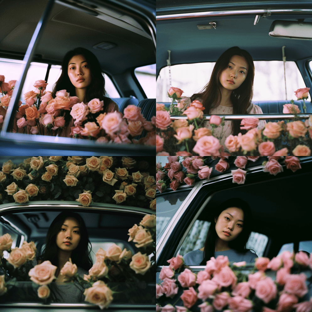 一位黑发的亚洲女孩坐在一辆满载的车里，玫 - Midjourney Prompt