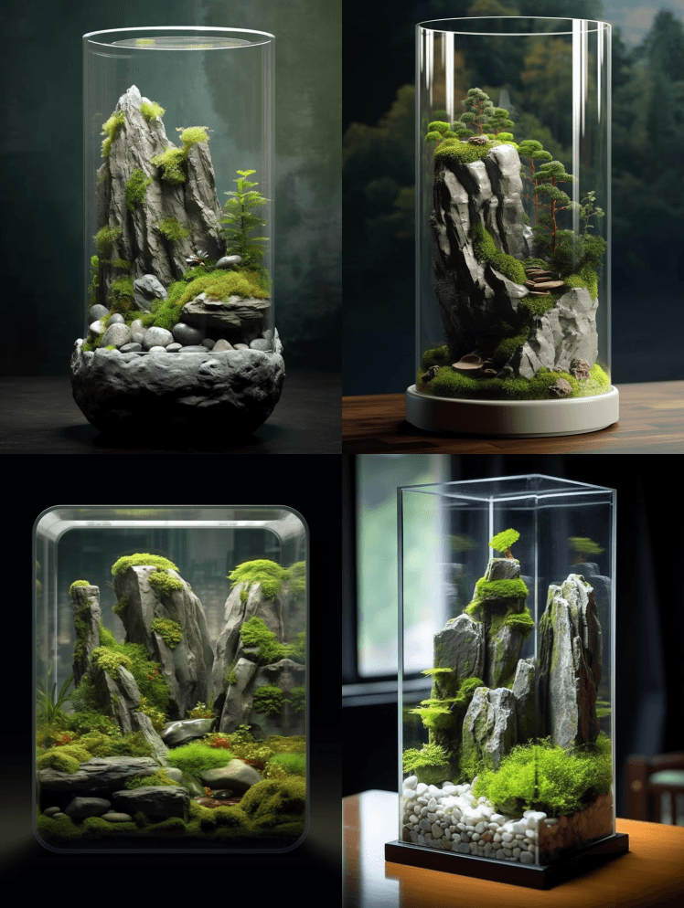 内部有岩石和苔藓的玻璃水族馆，风格乾轩， - Midjourney Prompt