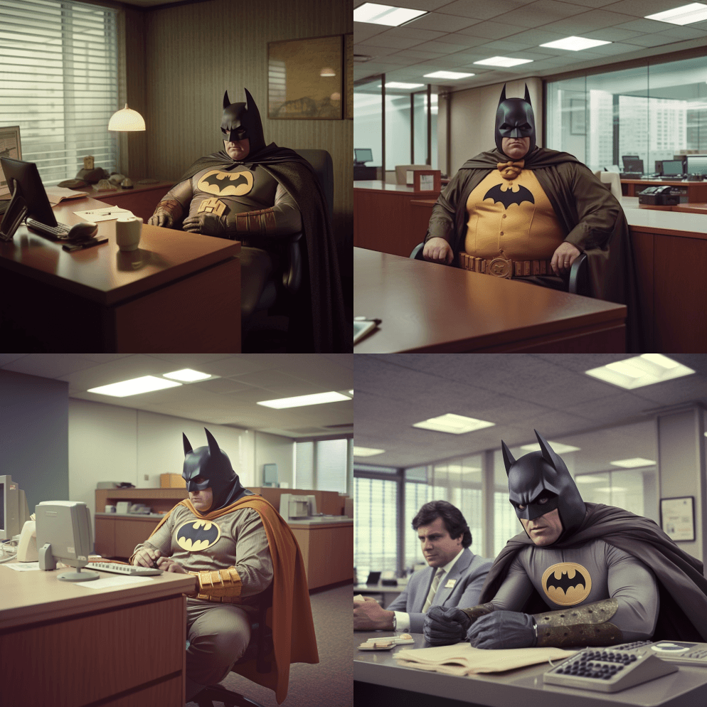 20世纪70年代快乐的蝙蝠侠胖乎乎的照片 - Midjourney Prompt