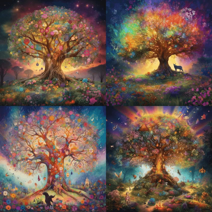 森林里的一棵大树，周围满是鲜花和动物，树 - Midjourney Prompt