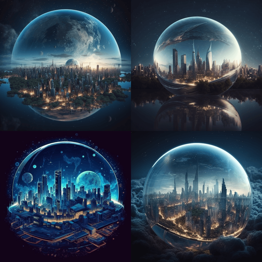 玻璃和木制的大都市，飞驰的汽车和宇宙飞船 - Midjourney Prompt