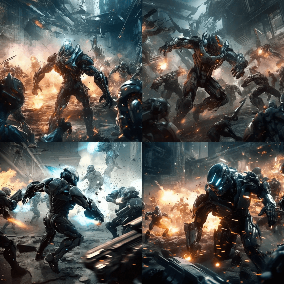 史诗般的动作场面，讲述了一群未来主义的半 - Midjourney Prompt