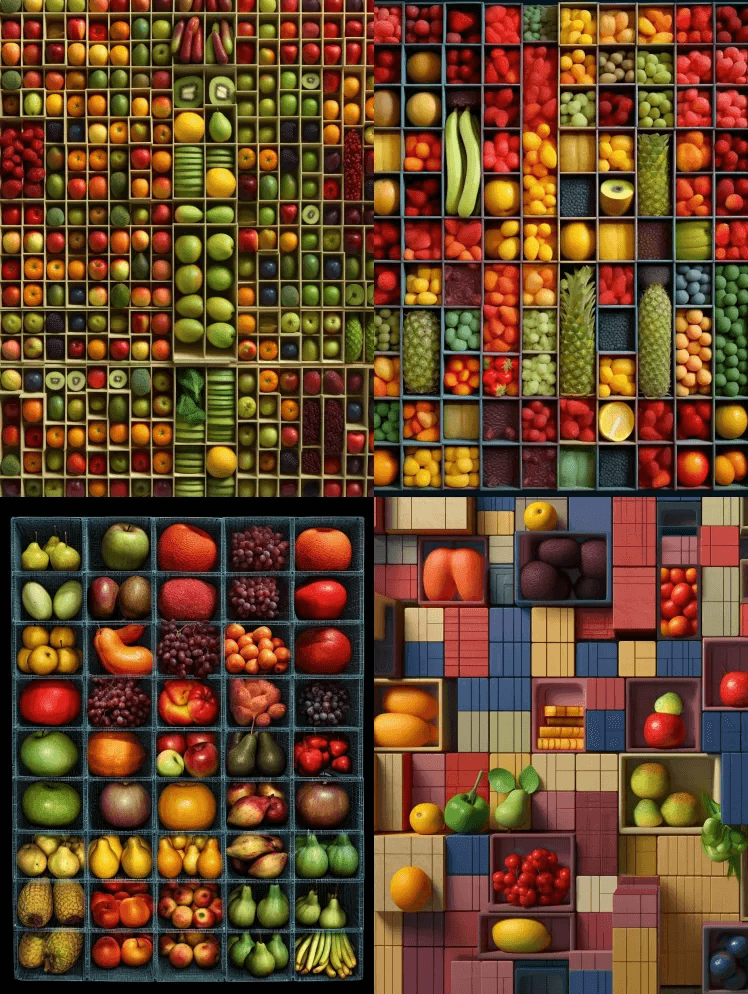 不同颜色的水果的集合，格状结构的风格，工 - Midjourney Prompt
