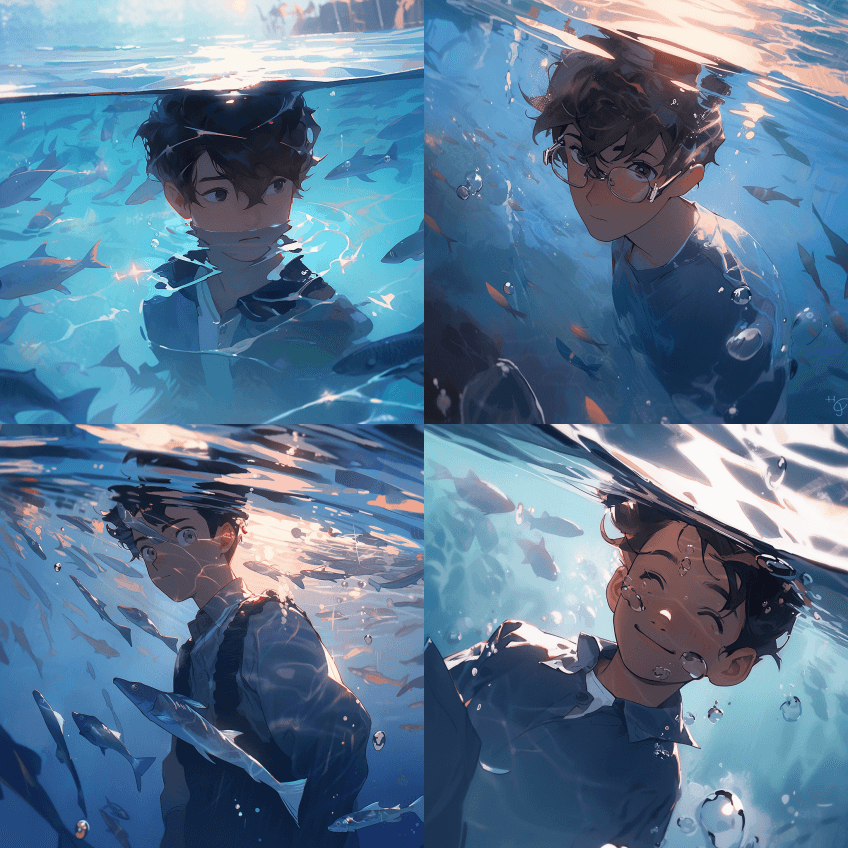 帅哥在水下游泳，以真人新海派的风格，以逼 - Midjourney Prompt
