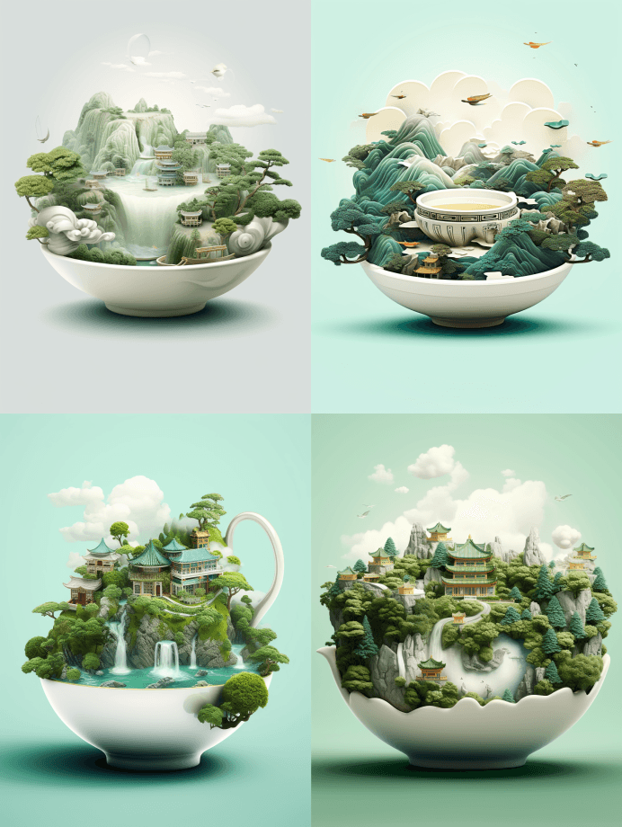 白色背景中文插图，茶杯上漂浮的风景，玉石 - Midjourney Prompt