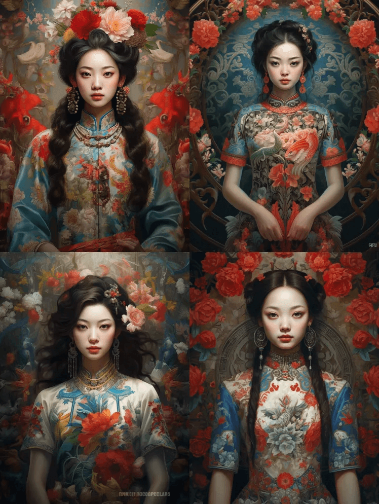 由雅各布·吴设计的中国传统花裙美女，以逼 - Midjourney Prompt