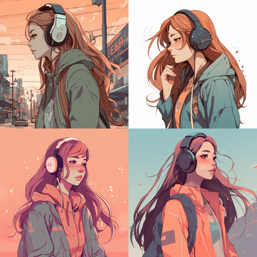 动漫，超大号街头服装，戴着耳机的长发年轻 - Midjourney Prompt