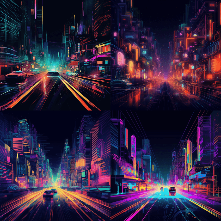 霓虹灯城市道路城市道路夜间照明城市灯光城 - Midjourney Prompt