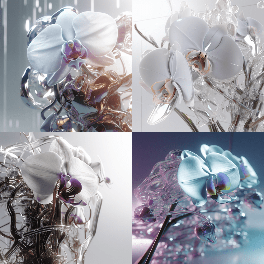 特写，未来派有机兰花，2株植物，设计感， - Midjourney Prompt