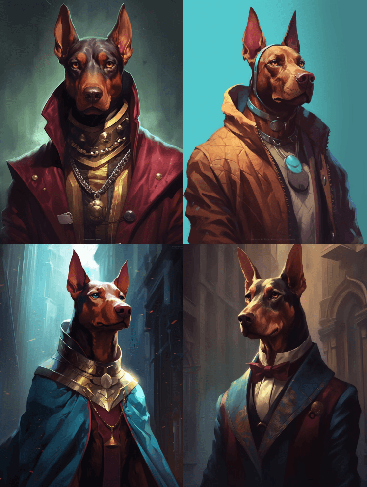 毛茸茸的杜宾犬，以艺术、栗色和天蓝色的风 - Midjourney Prompt