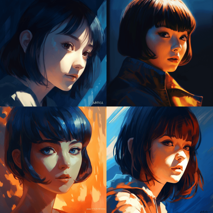 莱恩·岩仓的时尚特写肖像，极简主义，手绘 - Midjourney Prompt