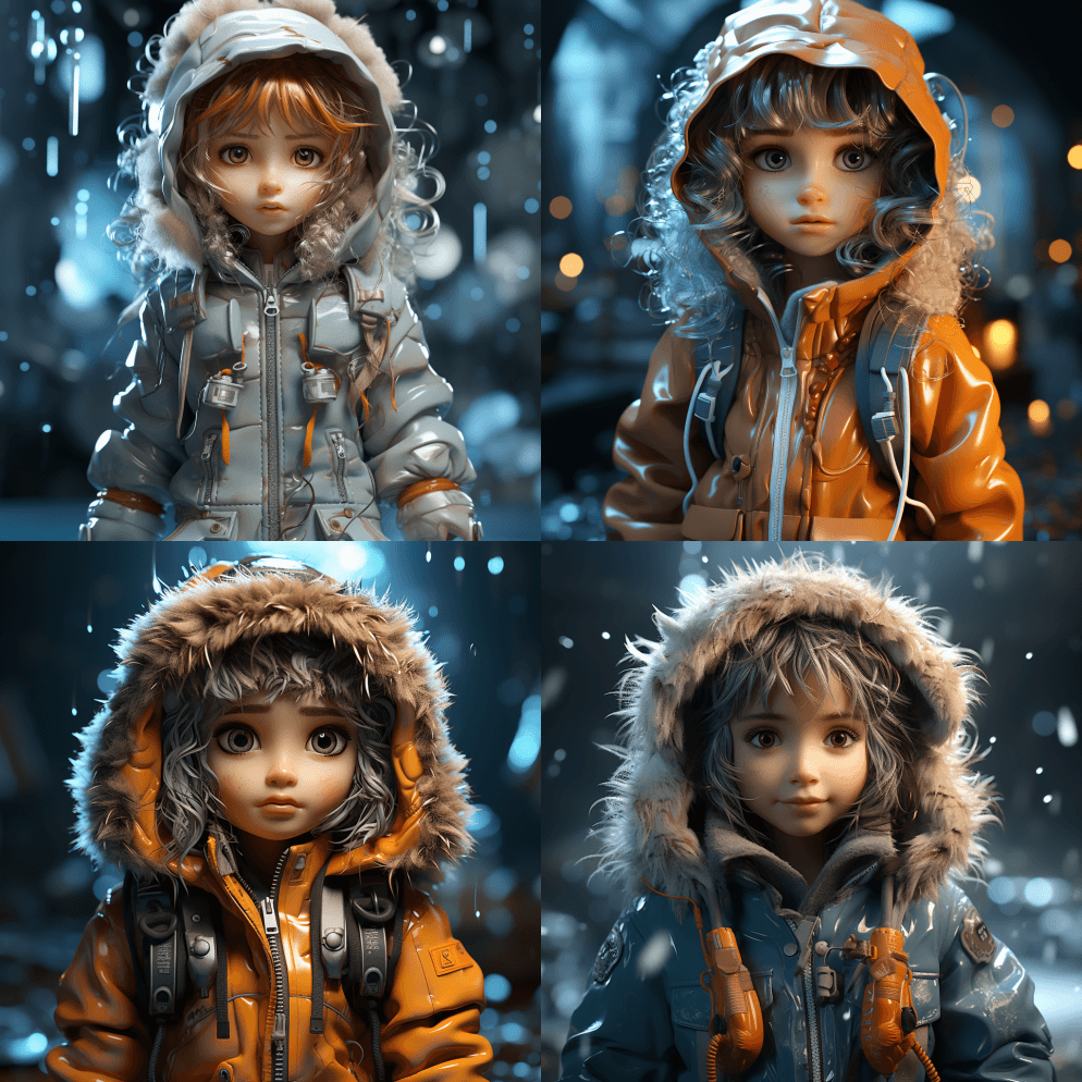 穿着浸水冰夹克的可爱娃娃，ZBrush的 - Midjourney Prompt