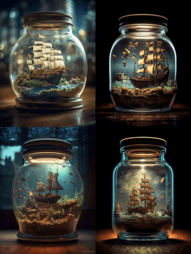 玻璃罐内的水族馆，海盗船，电影，超细节， - Midjourney Prompt