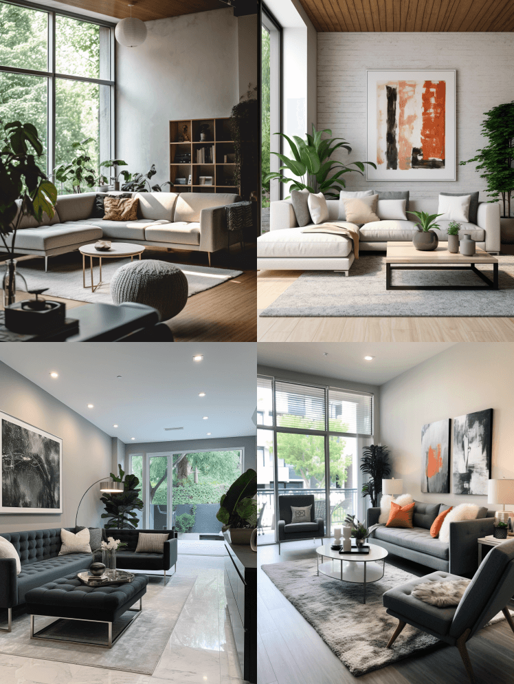 这是一张现代、时尚的生活空间内部的照片， - Midjourney Prompt