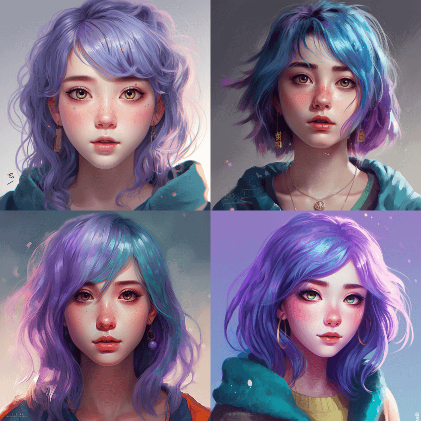 这个女孩有紫色的头发和蓝色的眼睛，在发光 - Midjourney Prompt