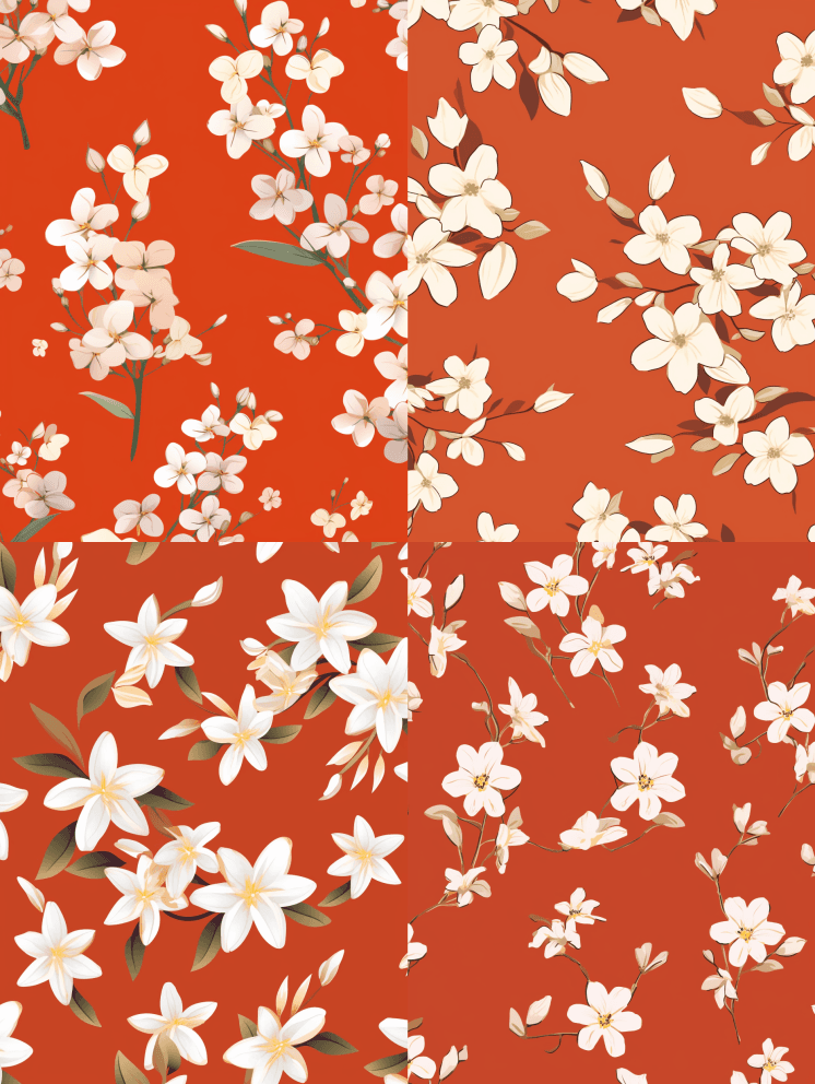 矢量插图图案为白色花朵，背景为淡红色，风 - Midjourney Prompt
