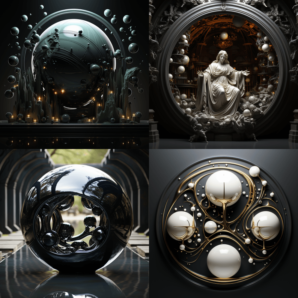 对称反射光滑黑色球体，米开朗基罗风格的亚 - Midjourney Prompt