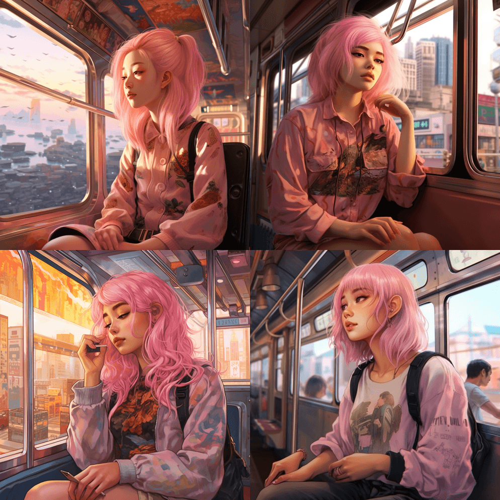 极致的超细节动漫，乘坐地铁的美丽日本女孩 - Midjourney Prompt