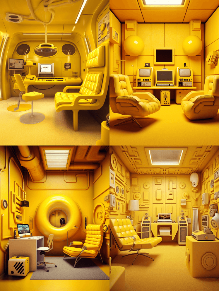 一间黄色的现代办公室，配有电脑、收音机、 - Midjourney Prompt