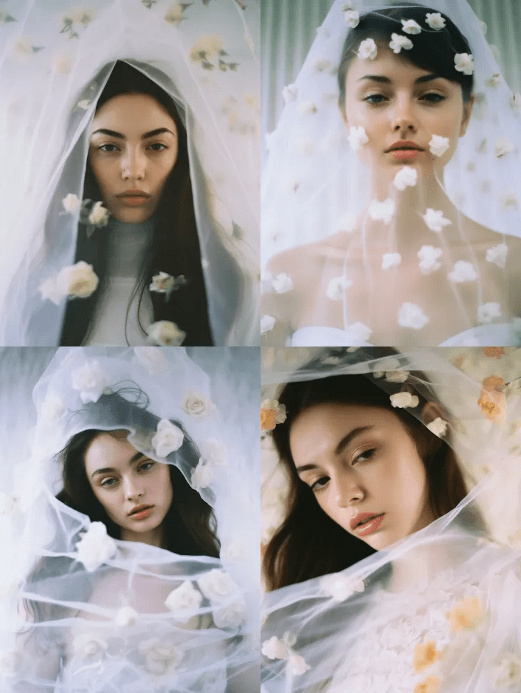 一个穿着白色长袍和白色花纱的女人，在仁挂 - Midjourney Prompt