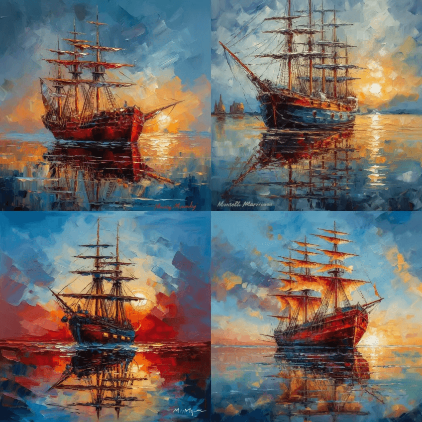 马丁·德拉方丹的帆船油画，风格为红色和天 - Midjourney Prompt