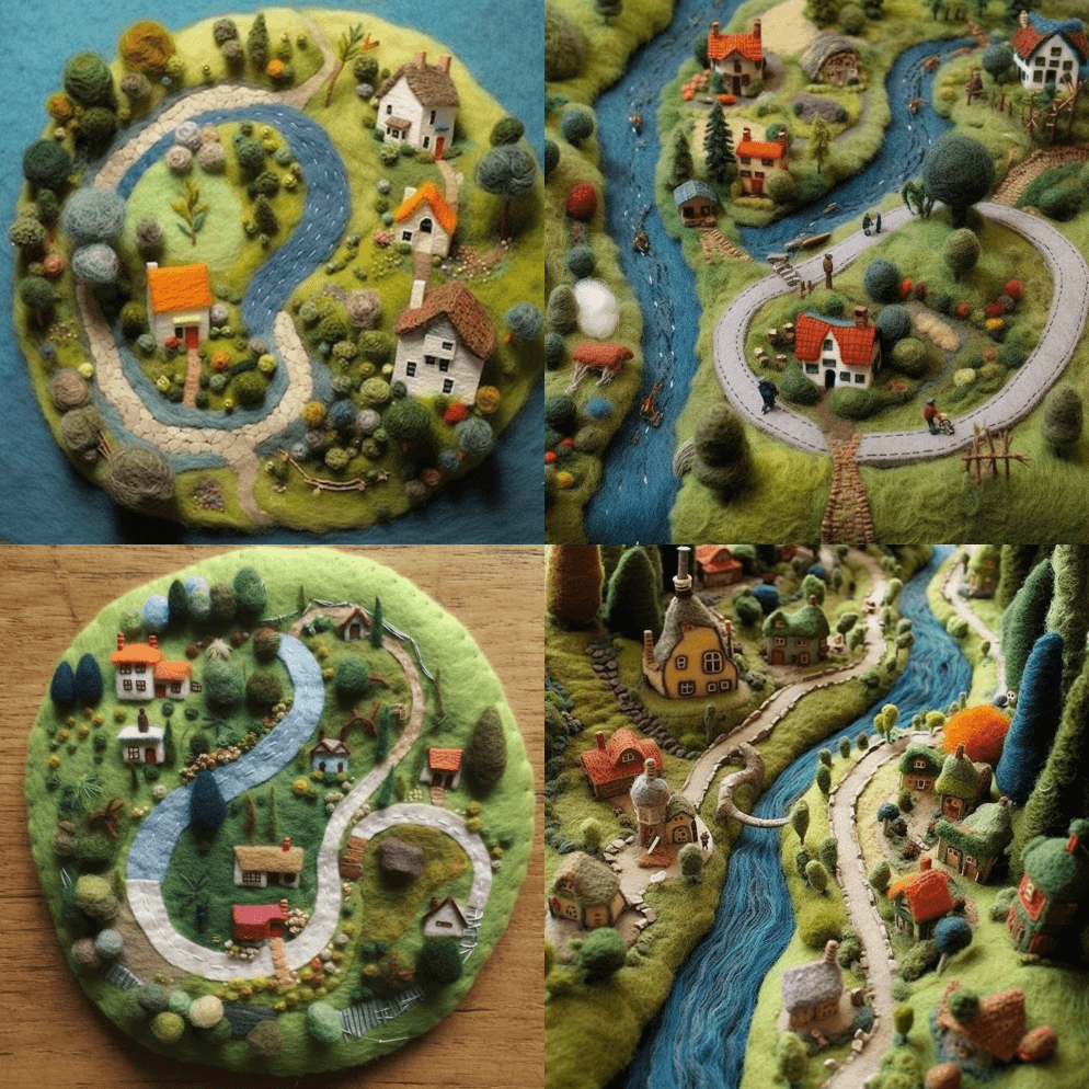 针毡村庄，小屋，露营地，湖泊，森林，山丘 - Midjourney Prompt