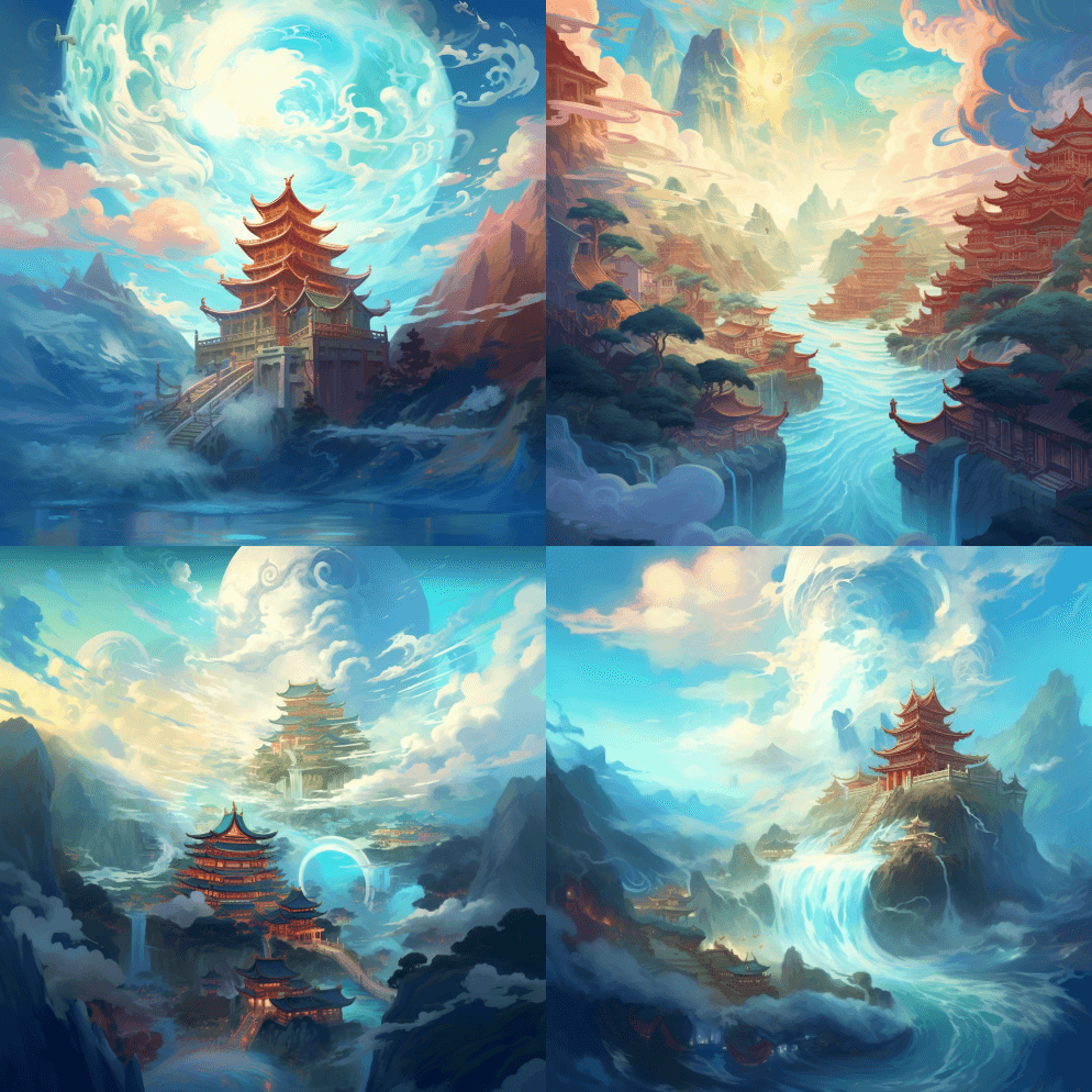 一幅亚洲风格的海洋城市在天空中的插图，以 - Midjourney Prompt