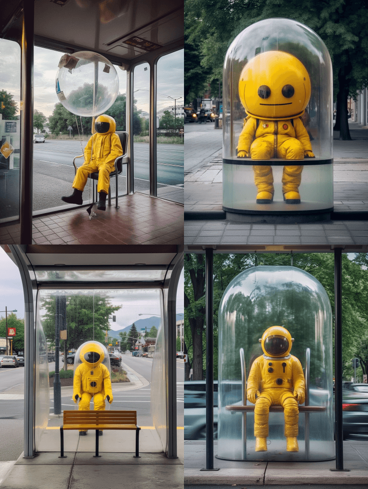 一位带着表情符号的宇航员站在公共汽车站的 - Midjourney Prompt