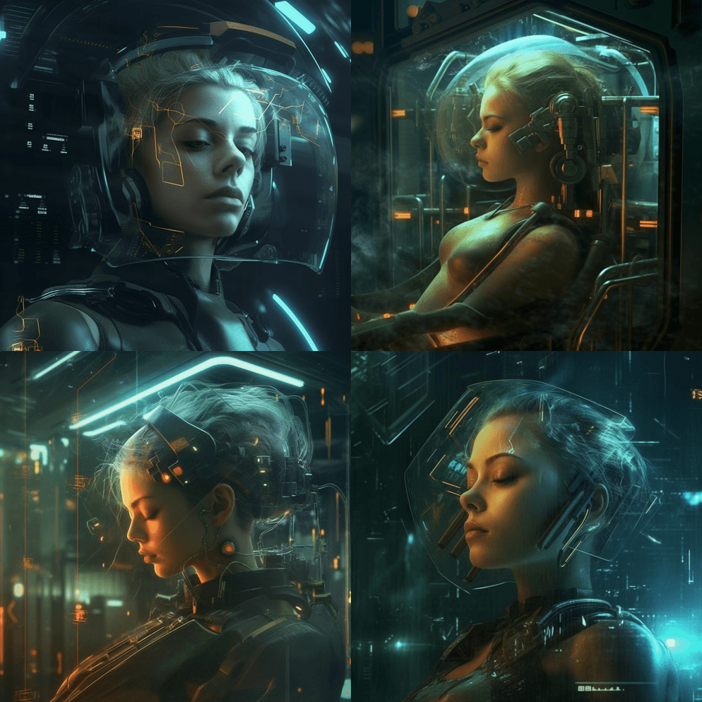 一个女人被困在一个透明的坦克里，赛博朋克 - Midjourney Prompt