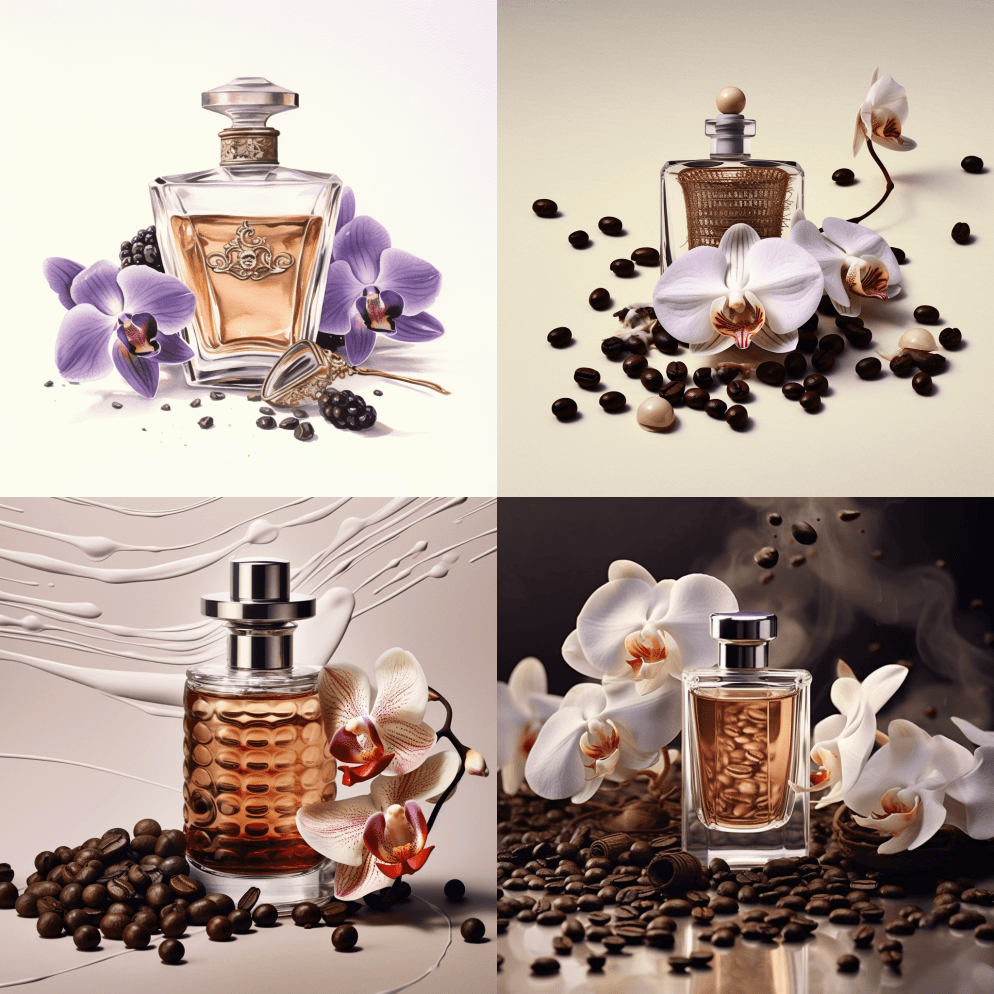 浅色背景上的香水配以咖啡豆和兰花 - Midjourney Prompt
