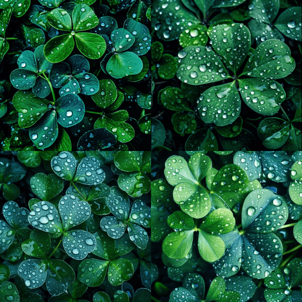 一张一串三叶草叶子被雨滴环绕的照片，以深 - Midjourney Prompt