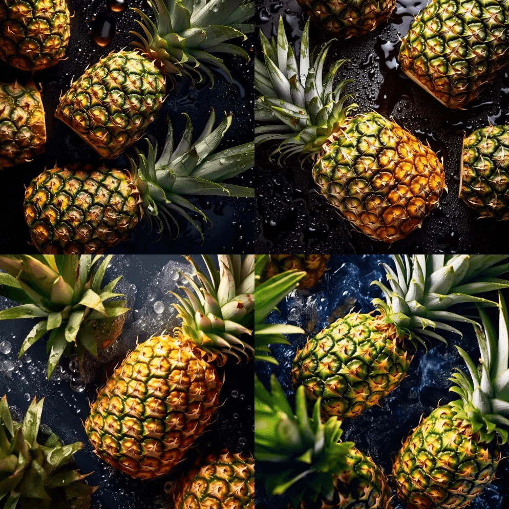 背景是刚切好的菠萝,上面装饰着闪闪发光的 - Midjourney Prompt