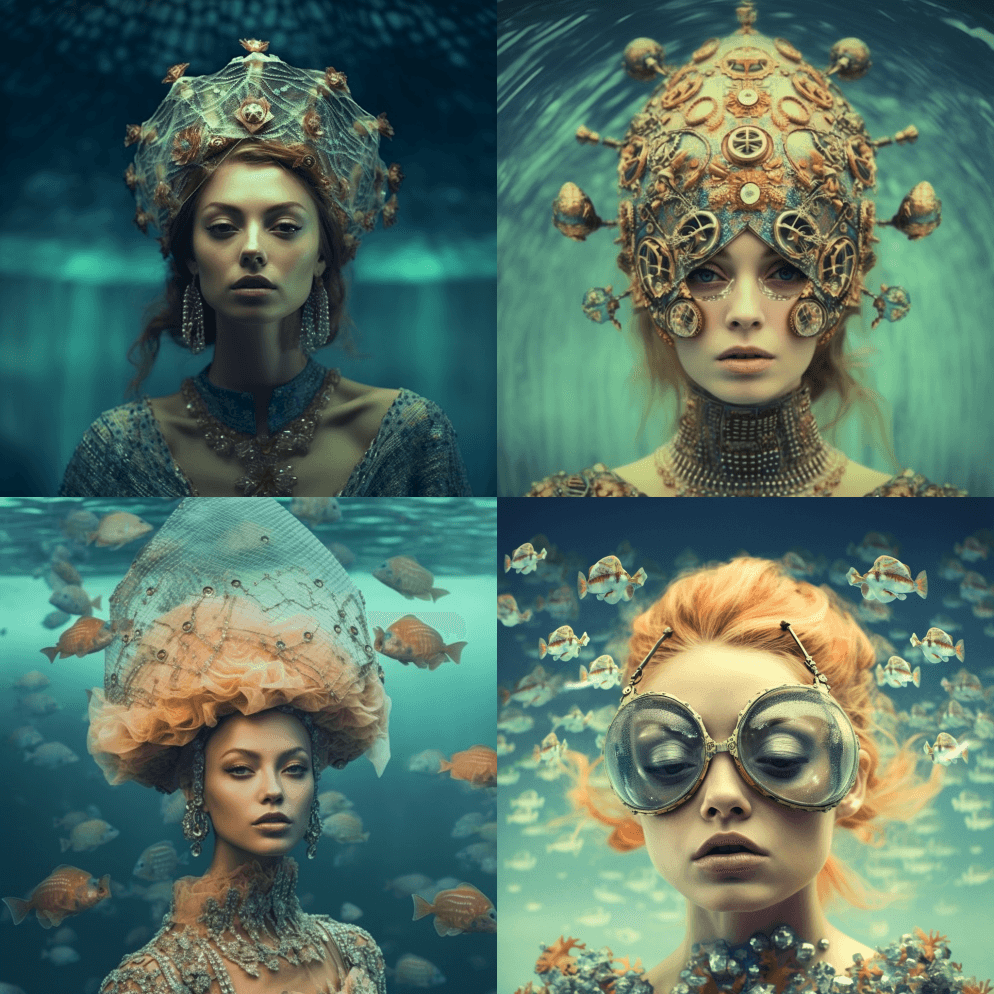 水下，复古未来主义，装饰美丽的嬉皮士，高 - Midjourney Prompt