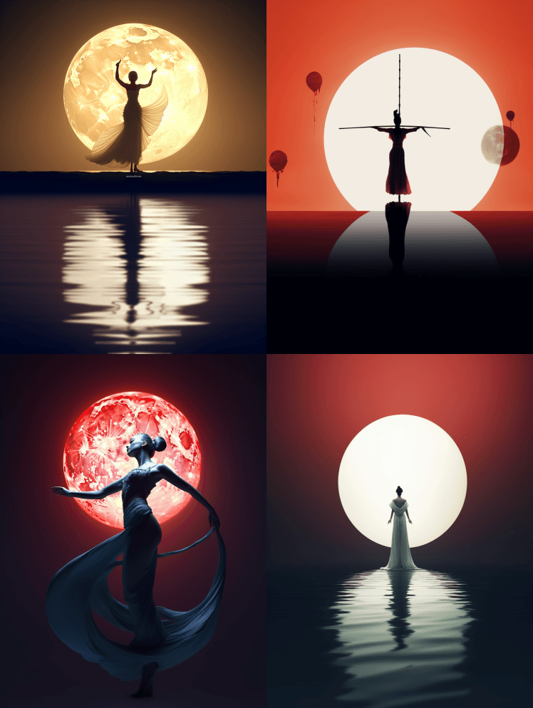 月亮女神的动态姿势+月亮正在下沉，正如你 - Midjourney Prompt
