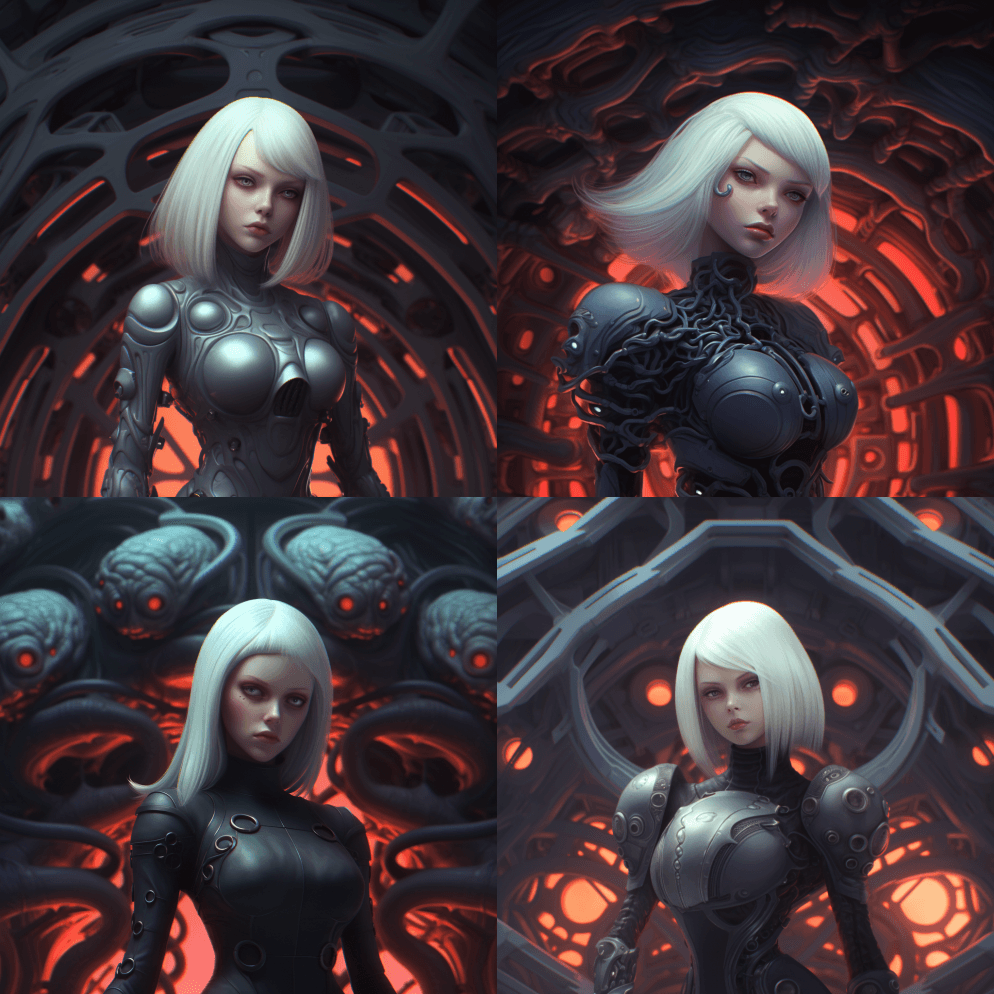 一个有着深白头发的女孩，站在一个有很多怪 - Midjourney Prompt