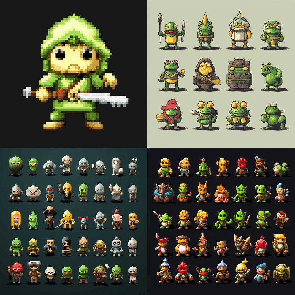 低分辨率像素化8位青蛙塞尔达字符。黑白相 - Midjourney Prompt