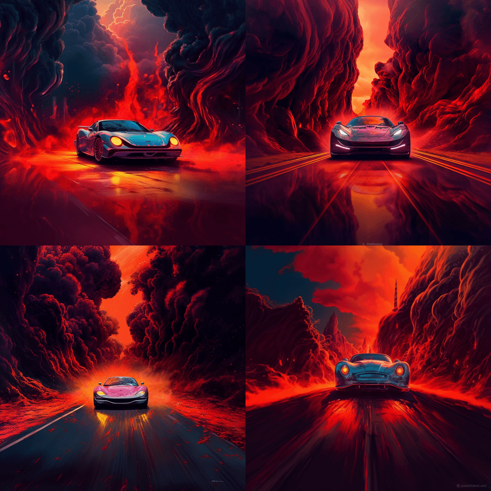 一辆豪华轿车正行驶在一条小路上,背景是发 - Midjourney Prompt