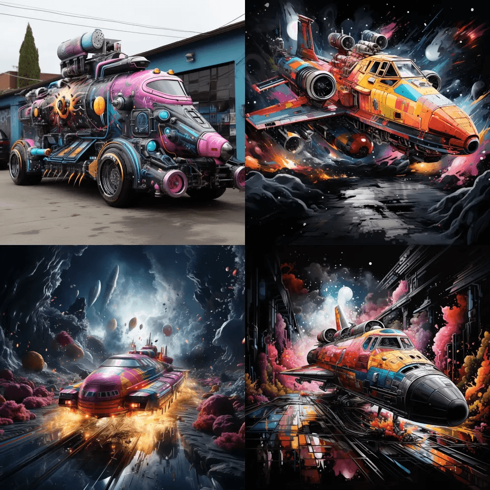 覆盖着80年代风格涂鸦的星际宇宙飞船在太 - Midjourney Prompt