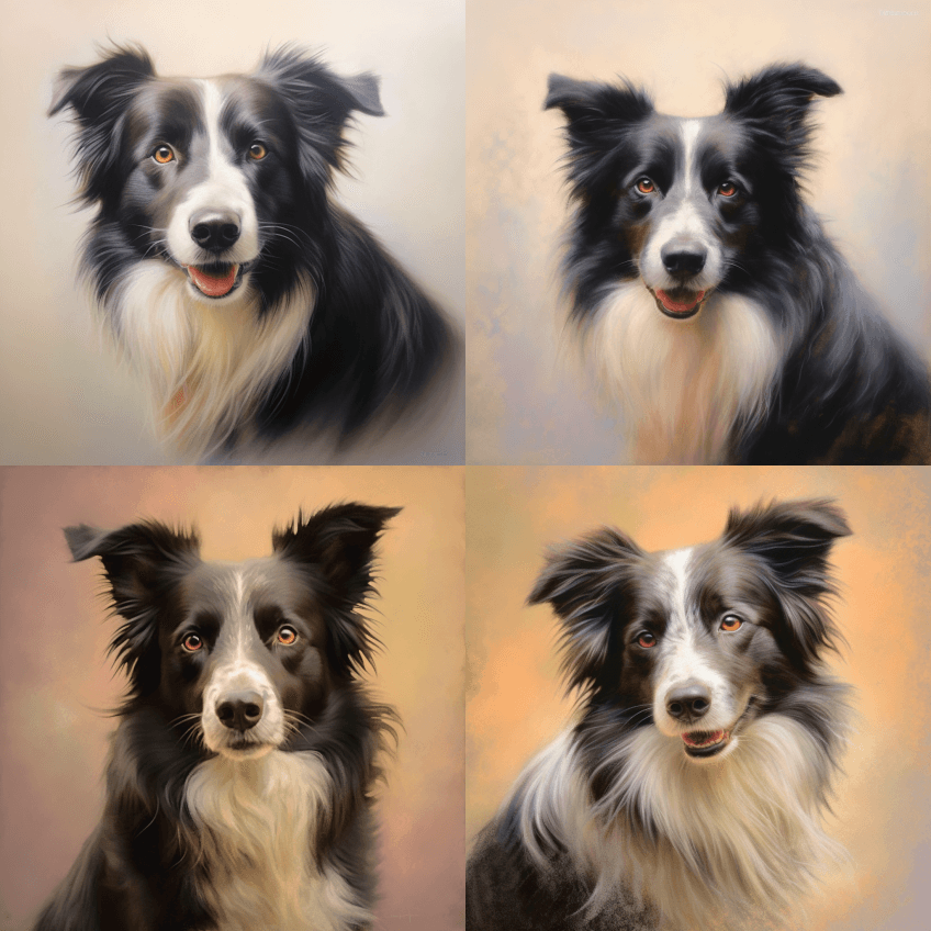 浅色背景下的一只古老的边境牧羊犬的粉彩肖 - Midjourney Prompt