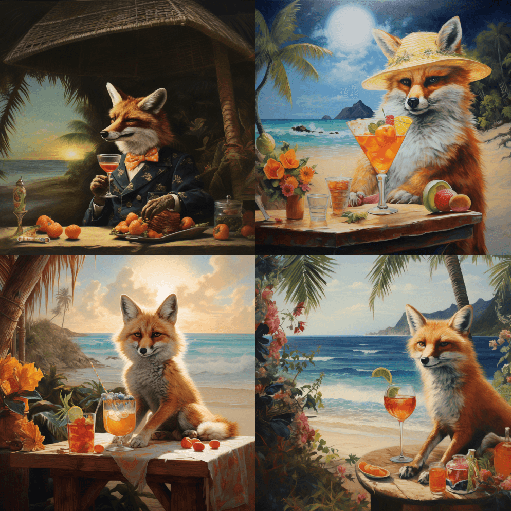 海滩上有一只狐狸喝着玛格丽塔酒的热带天堂 - Midjourney Prompt