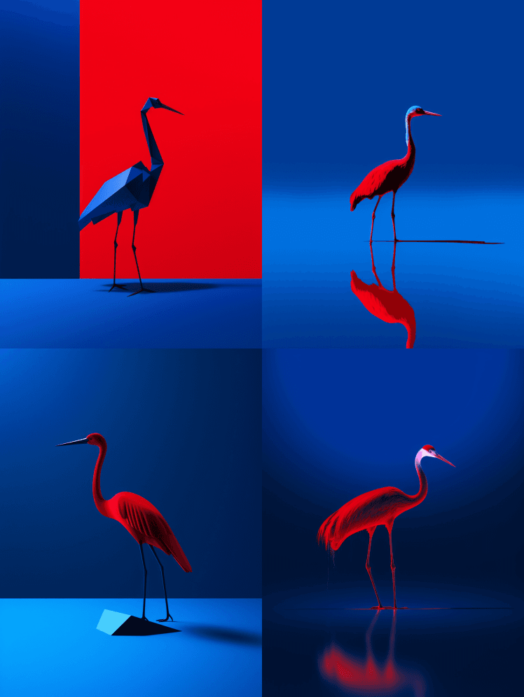 钴蓝色背景下的大红鹤超现实主义形象，形象 - Midjourney Prompt