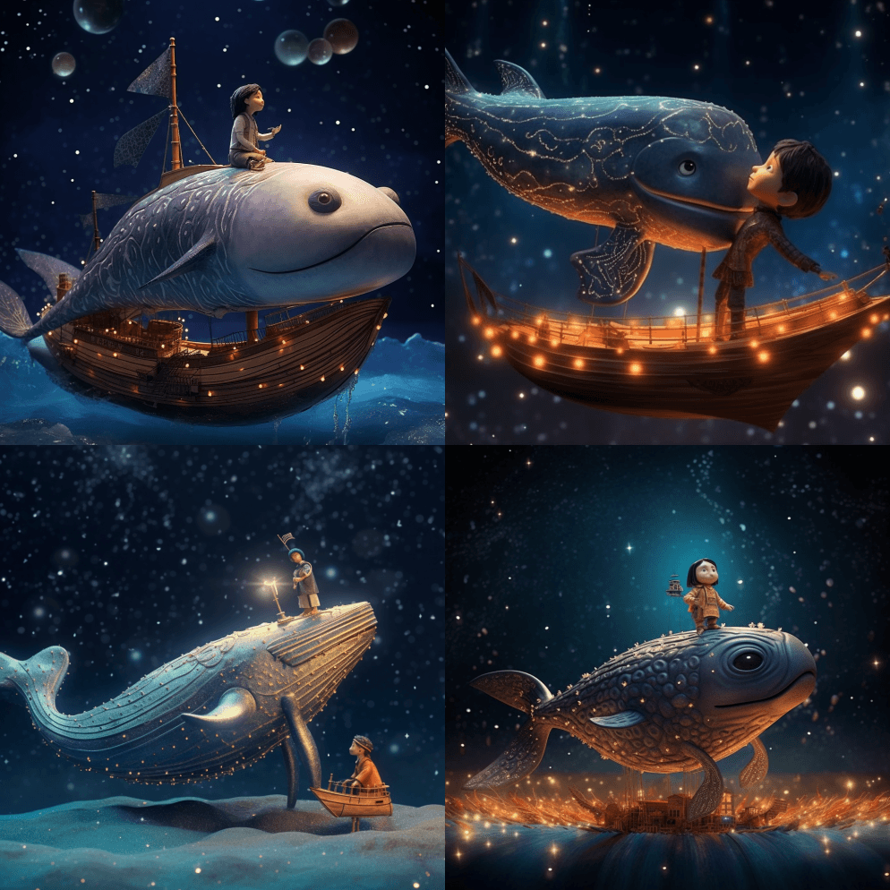 一头太空鲸鱼，在吃一颗星星。很高的幻想。 - Midjourney Prompt