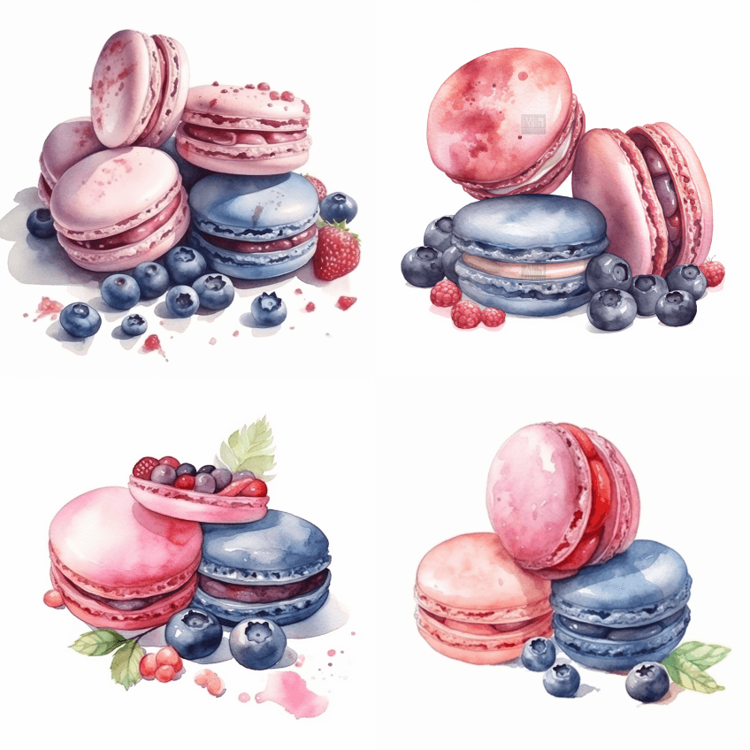 水彩高细节浪漫马卡龙粉蓝和香草，白色背景 - Midjourney Prompt