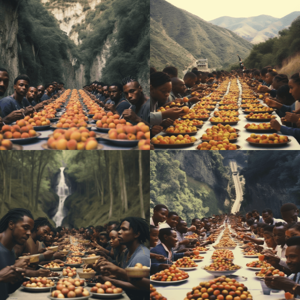 一张逼真的照片，数百名黑人在山谷里的一张 - Midjourney Prompt