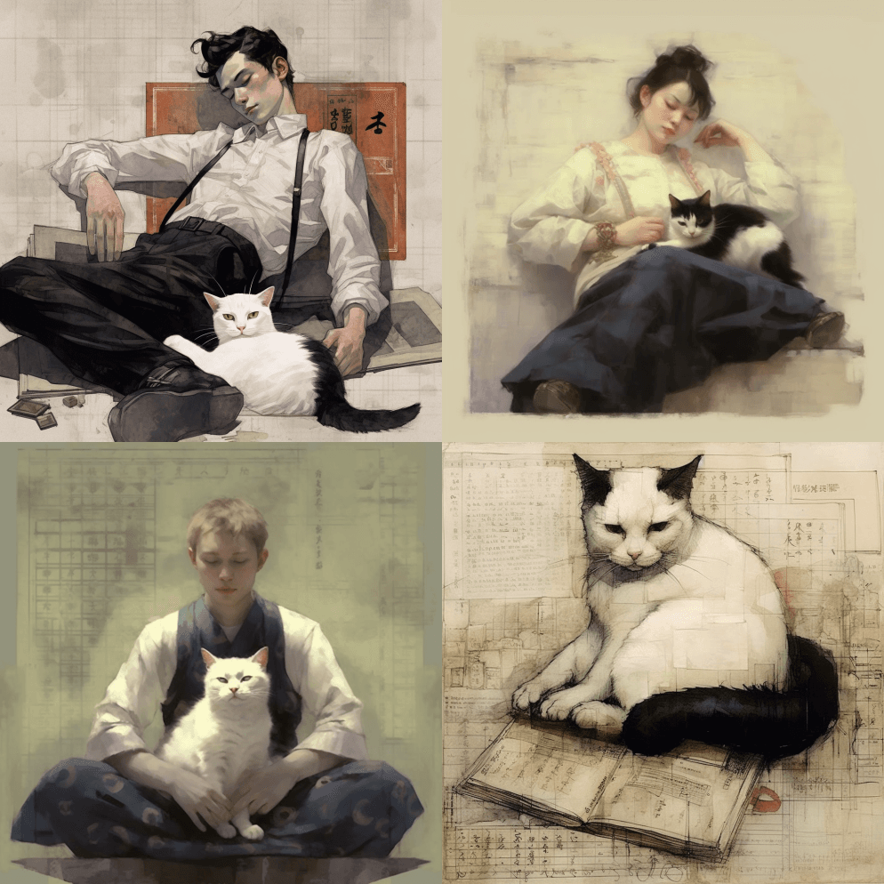 一只猫趴在地上写着中国文字,吉田明彦的风 - Midjourney Prompt